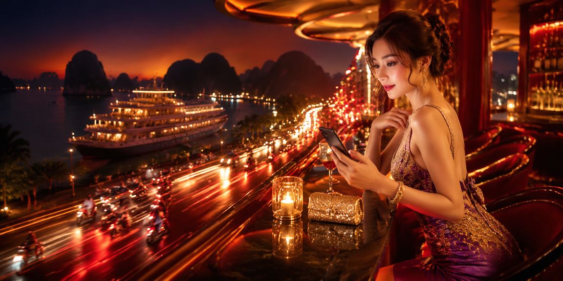 Cảnh vịnh Hạ Long về đêm với ánh đèn neon và người chơi VIP nhận thưởng qua ứng dụng